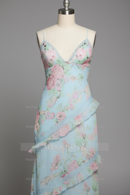 Chic Light Blue Floral Print Tiered Ruffle Prom Dress with Deep V-Neck