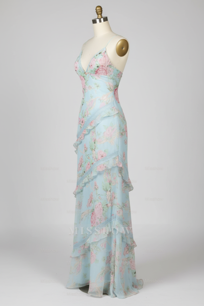 Chic Light Blue Floral Print Tiered Ruffle Prom Dress with Deep V-Neck