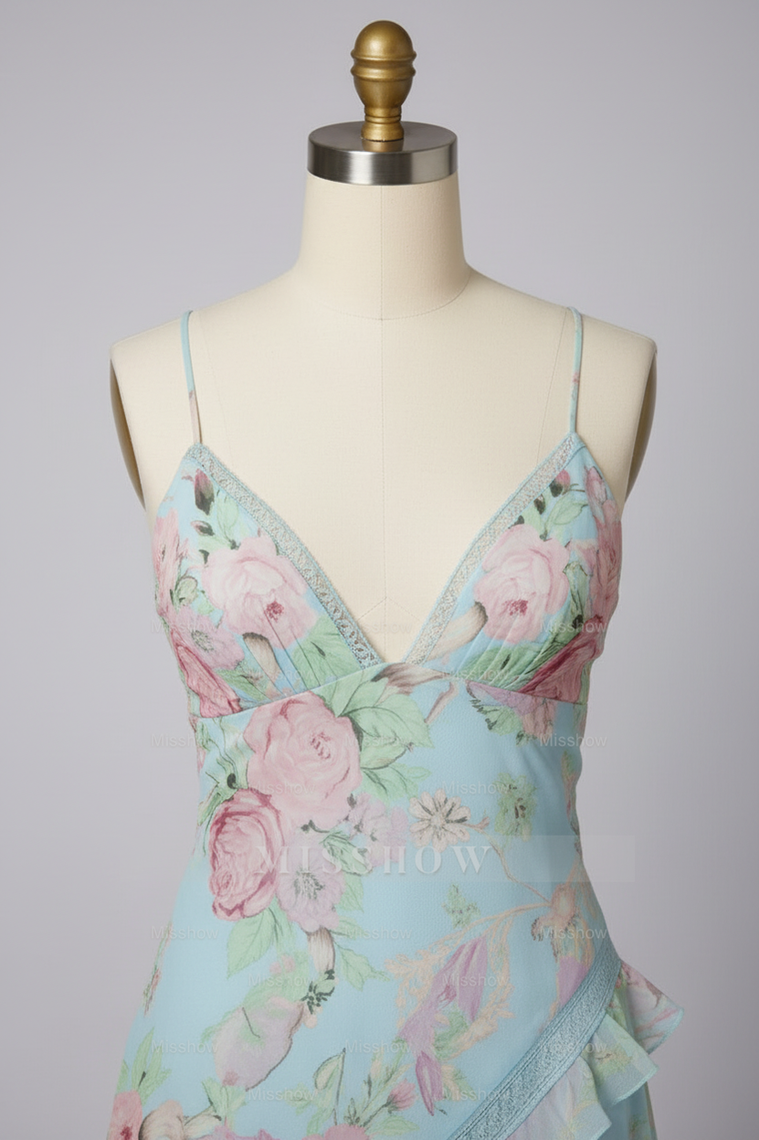 Chic Light Blue Floral Print Tiered Ruffle Prom Dress with Deep V-Neck