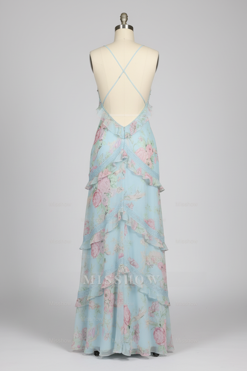 Chic Light Blue Floral Print Tiered Ruffle Prom Dress with Deep V-Neck
