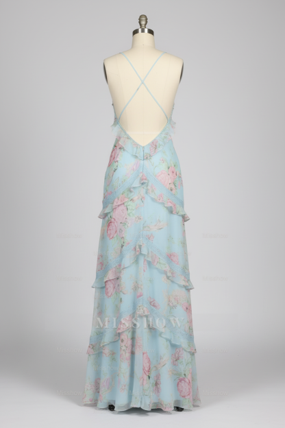 Chic Light Blue Floral Print Tiered Ruffle Prom Dress with Deep V-Neck