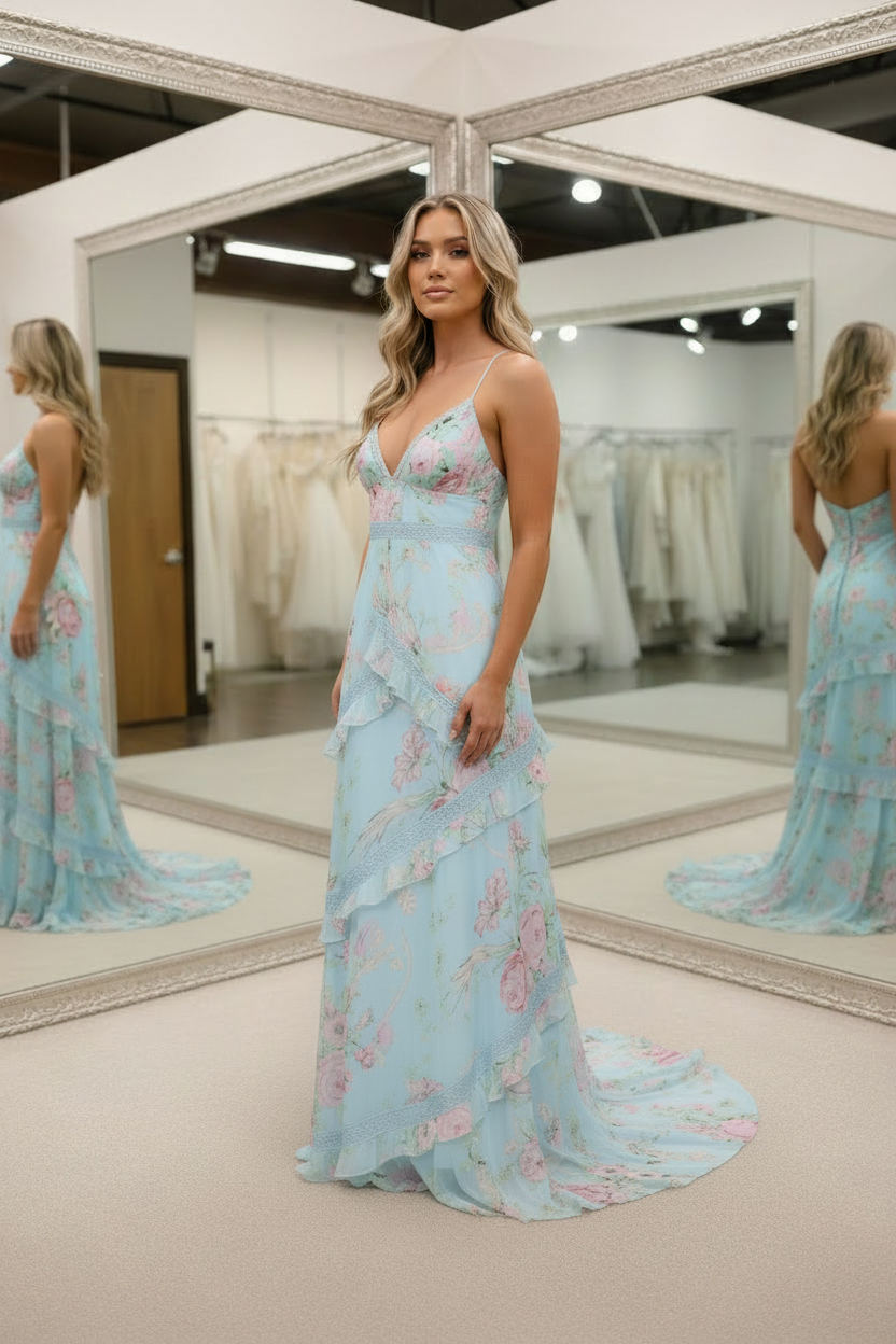 Chic Light Blue Floral Print Tiered Ruffle Prom Dress with Deep V-Neck