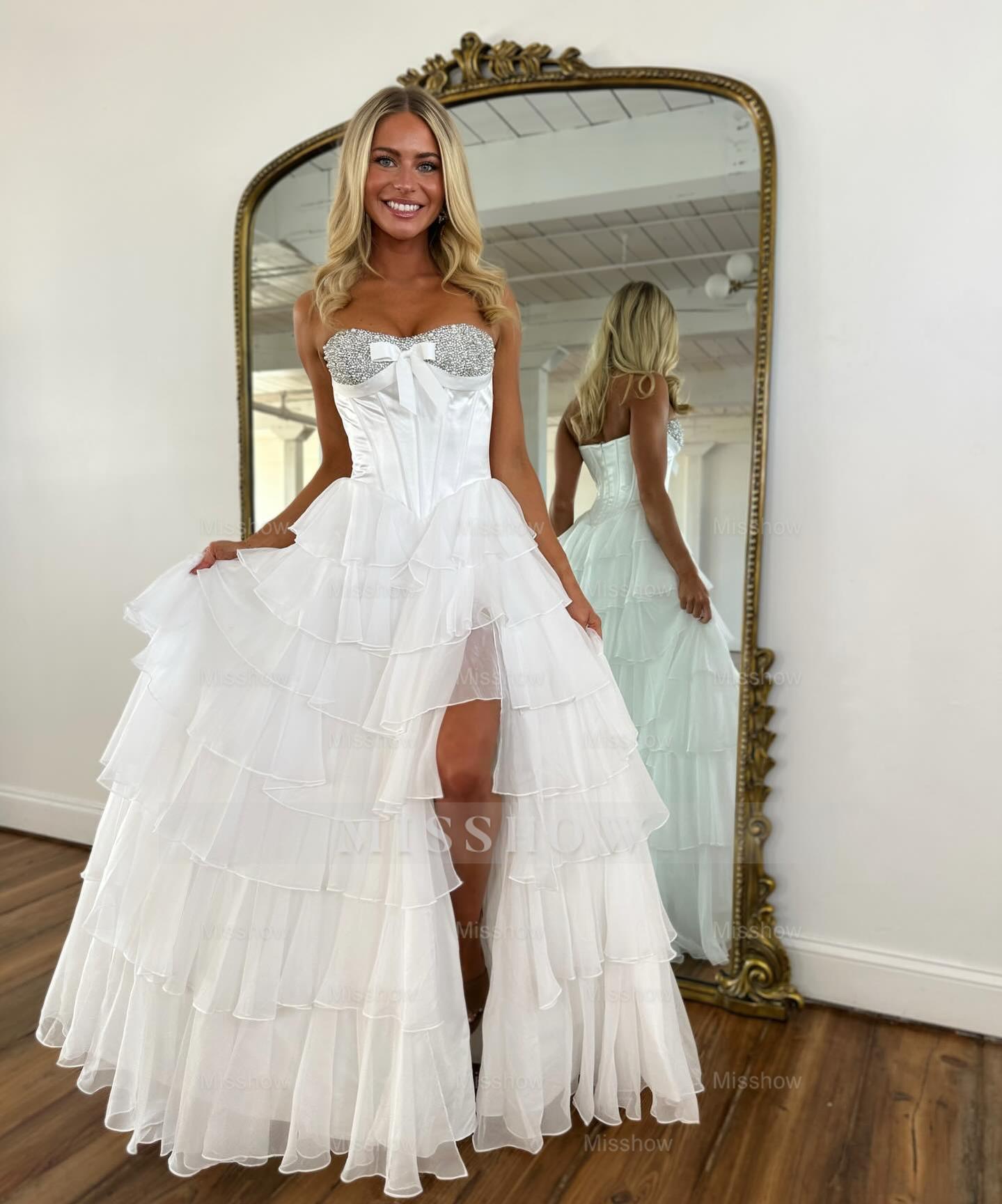 Chic Long Blue Strapless A-line Beaded Prom Dress with Slit