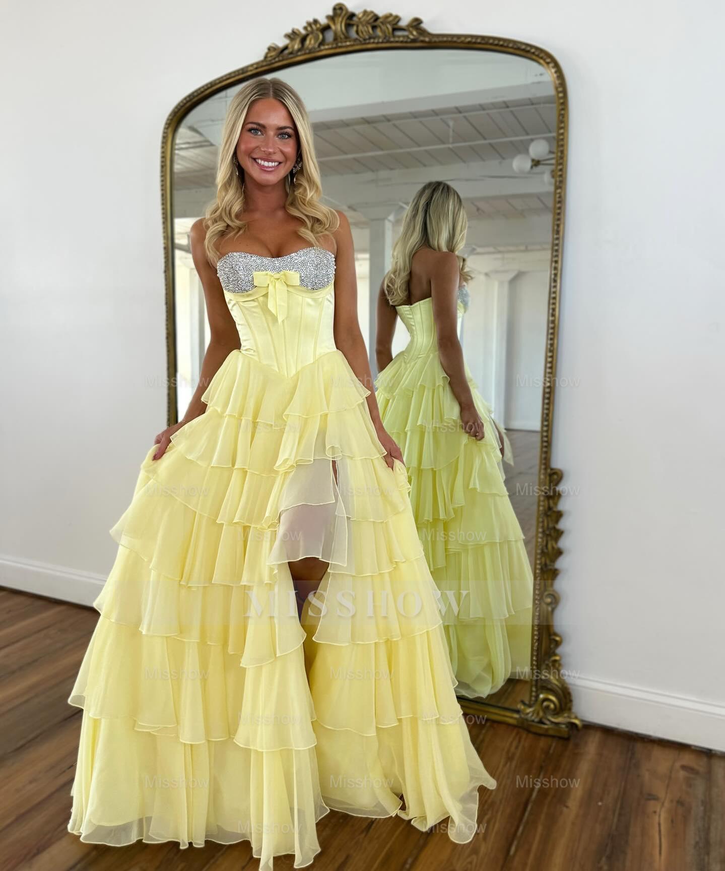 Chic Long Blue Strapless A-line Beaded Prom Dress with Slit