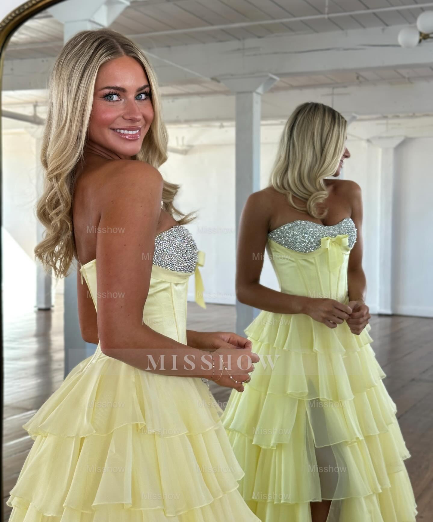 Chic Long Blue Strapless A-line Beaded Prom Dress with Slit