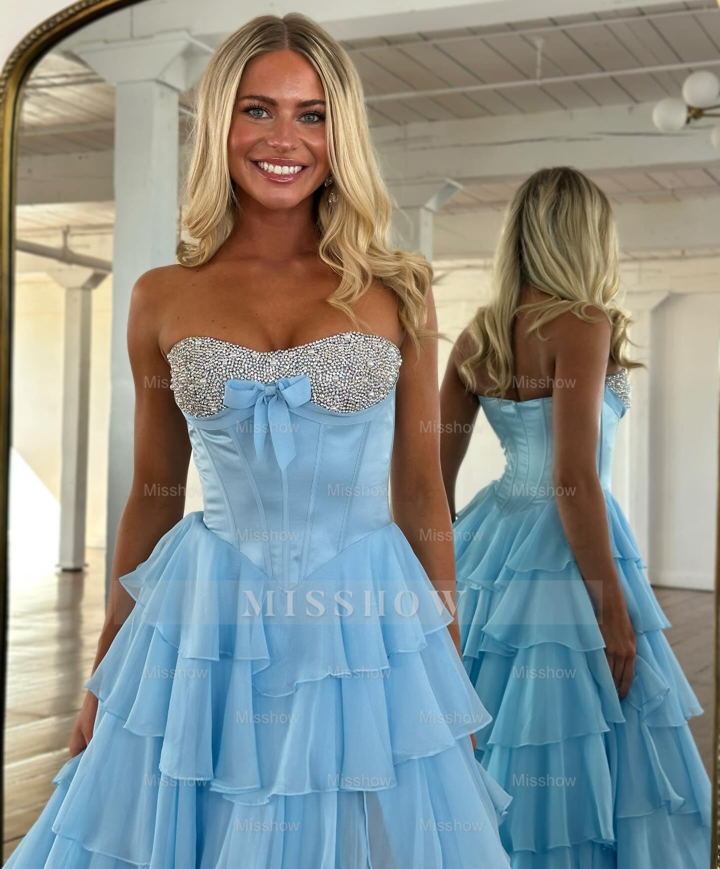 Chic Long Blue Strapless A-line Beaded Prom Dress with Slit