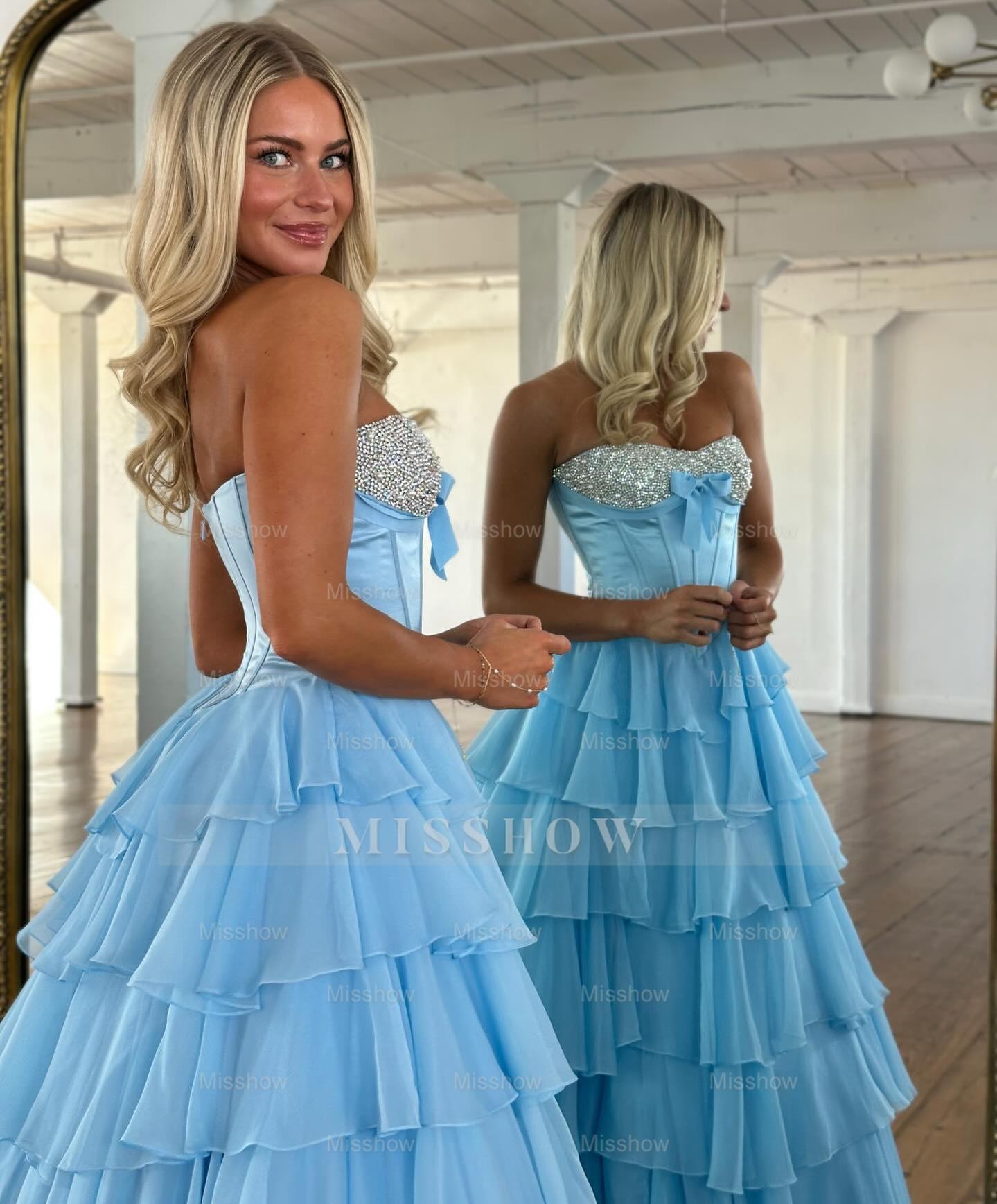 Chic Long Blue Strapless A-line Beaded Prom Dress with Slit