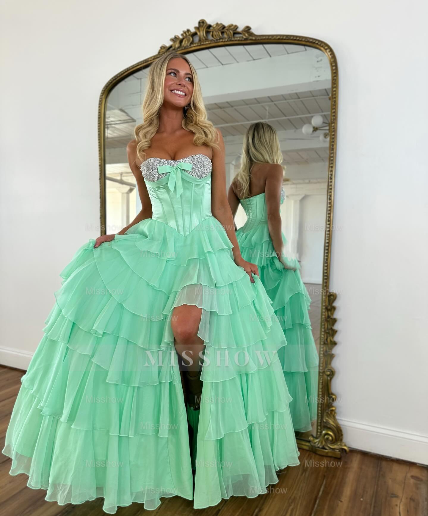 Chic Long Blue Strapless A-line Beaded Prom Dress with Slit