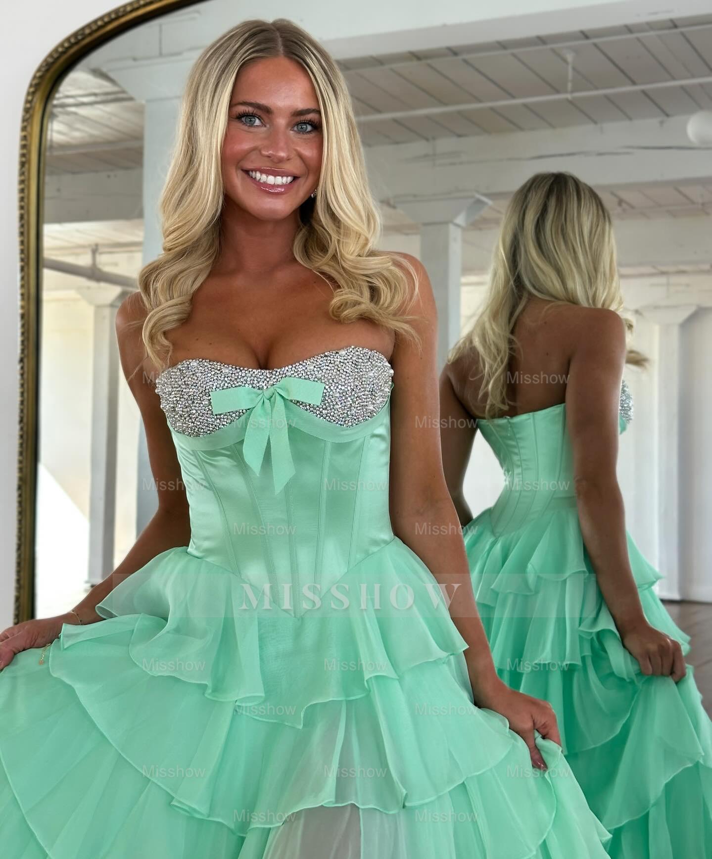 Chic Long Blue Strapless A-line Beaded Prom Dress with Slit