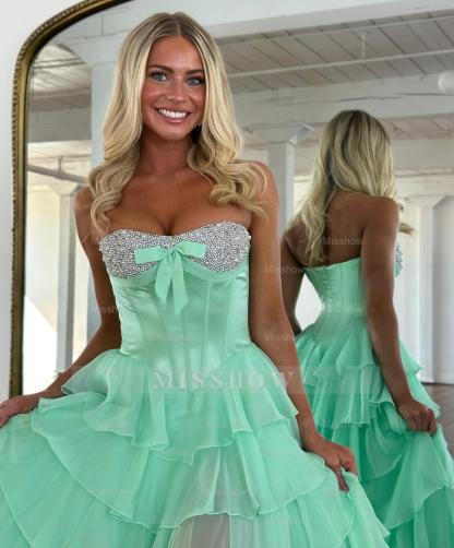 Chic Long Blue Strapless A-line Beaded Prom Dress with Slit