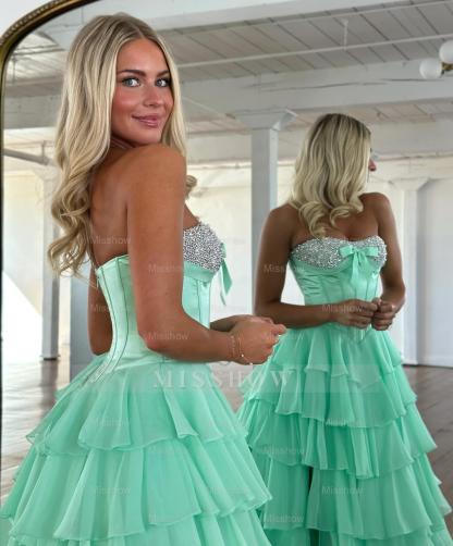 Chic Long Blue Strapless A-line Beaded Prom Dress with Slit