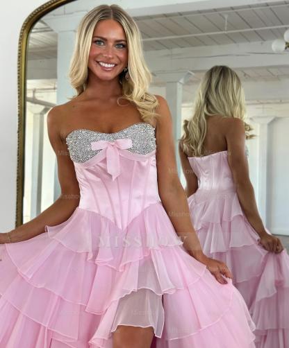 Chic Long Blue Strapless A-line Beaded Prom Dress with Slit