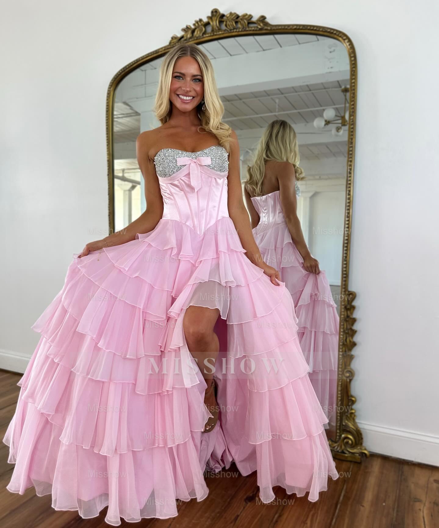 Chic Long Blue Strapless A-line Beaded Prom Dress with Slit