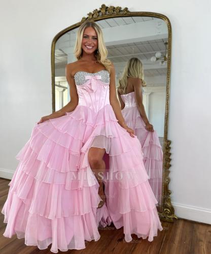 Chic Long Blue Strapless A-line Beaded Prom Dress with Slit