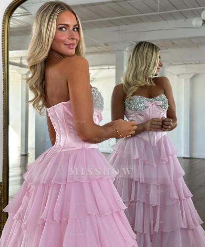 Chic Long Blue Strapless A-line Beaded Prom Dress with Slit