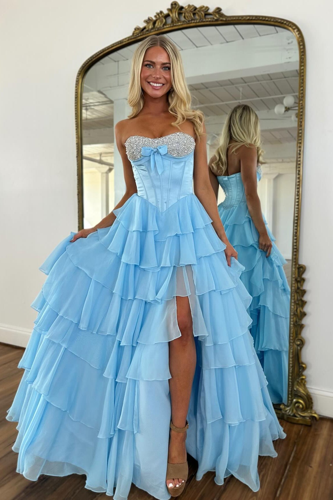 Chic Long Blue Strapless A-line Beaded Prom Dress with Slit