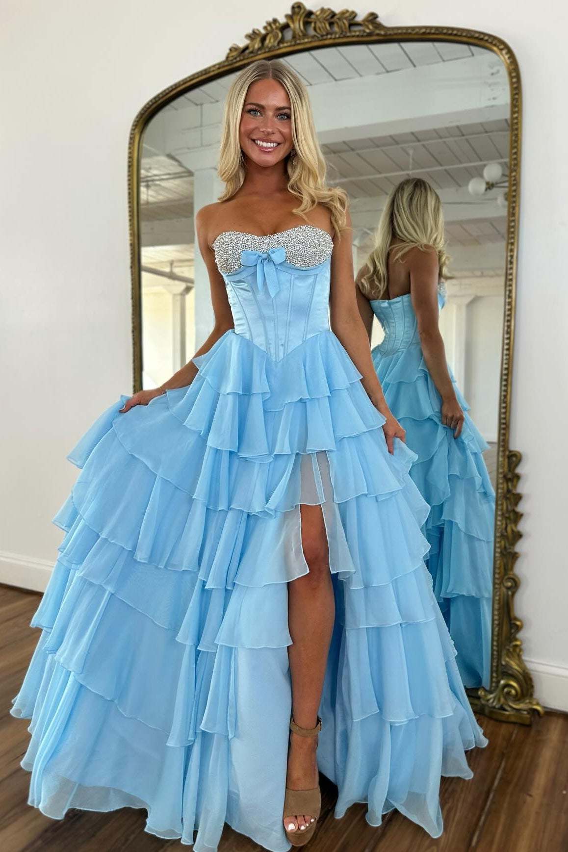 Chic Long Blue Strapless A-line Beaded Prom Dress with Slit