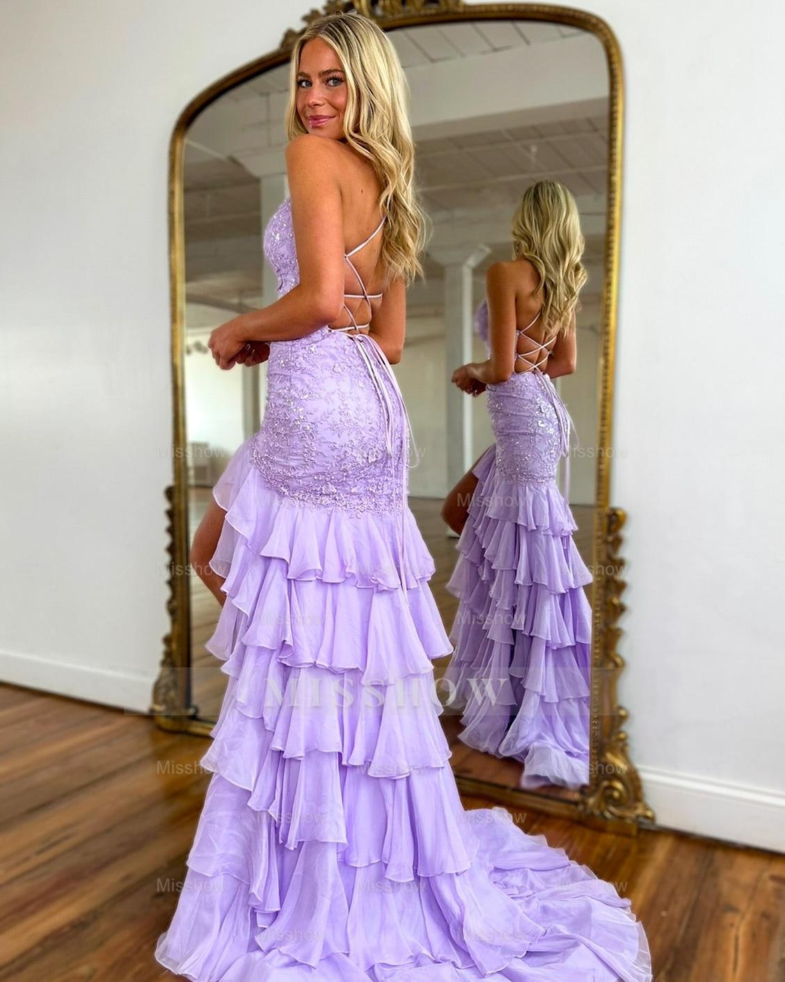 Chic Long Lilac V-neck Mermaid Lace Sleeveless Prom Dress with Slit