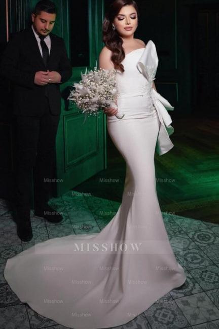 Chic Long Mermaid Simple Satin Strapless Wedding Dress With Lace