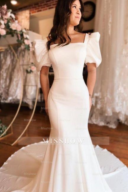 Chic Long Mermaid Square Neck Satin Backless Wedding Dress With Short Sleeves