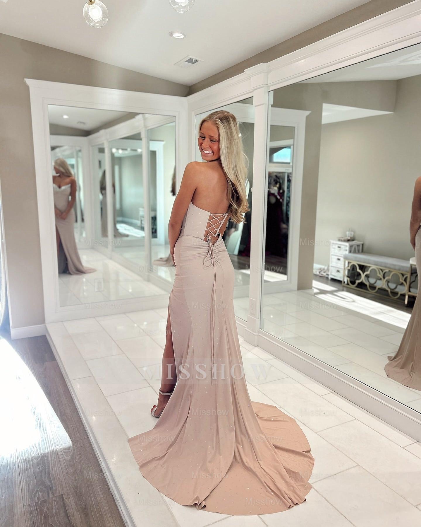 Chic Long Pearl Pink Sweetheart Sleeveless Column Prom Dress with Rhinestones and Slit