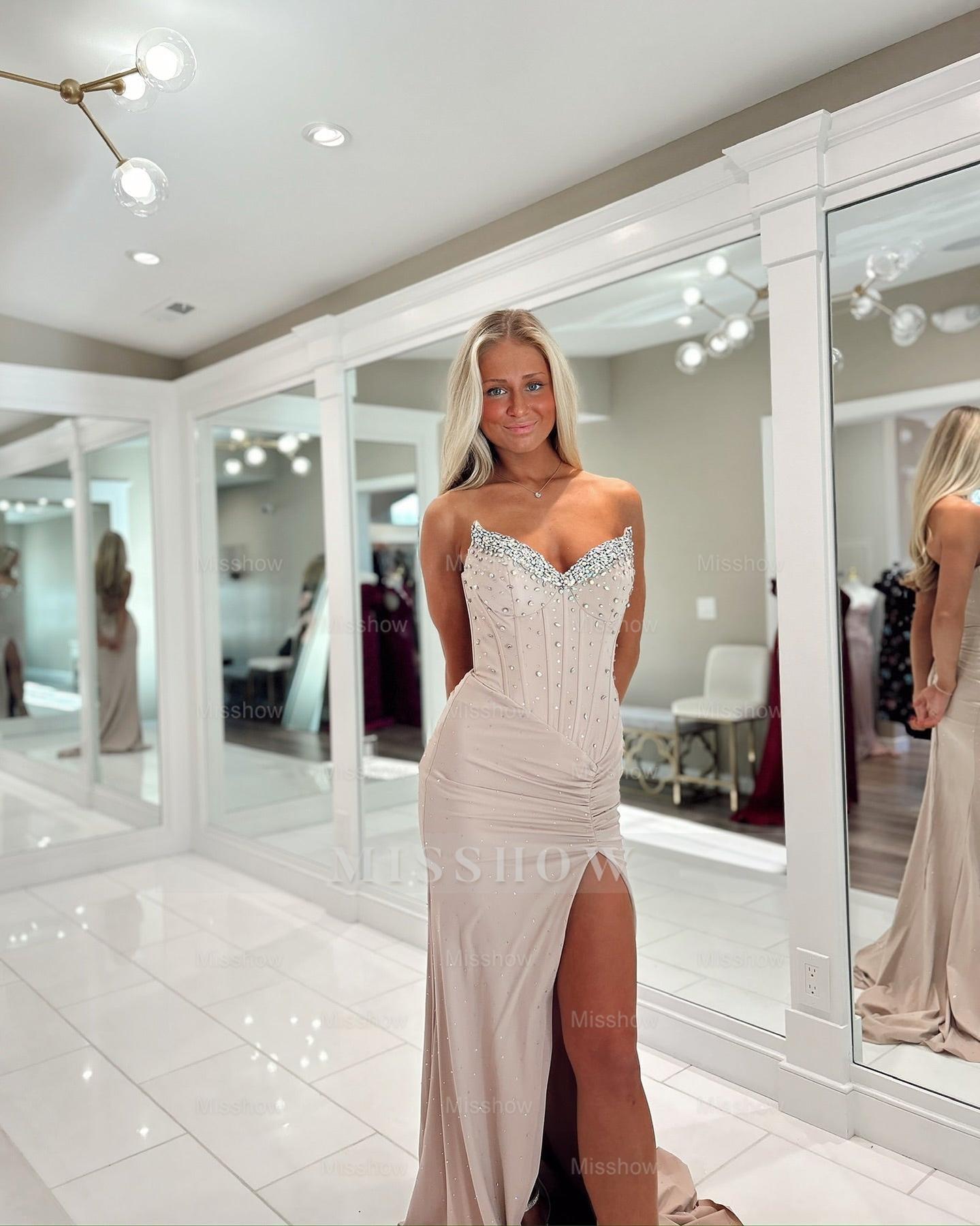 Chic Long Pearl Pink Sweetheart Sleeveless Column Prom Dress with Rhinestones and Slit