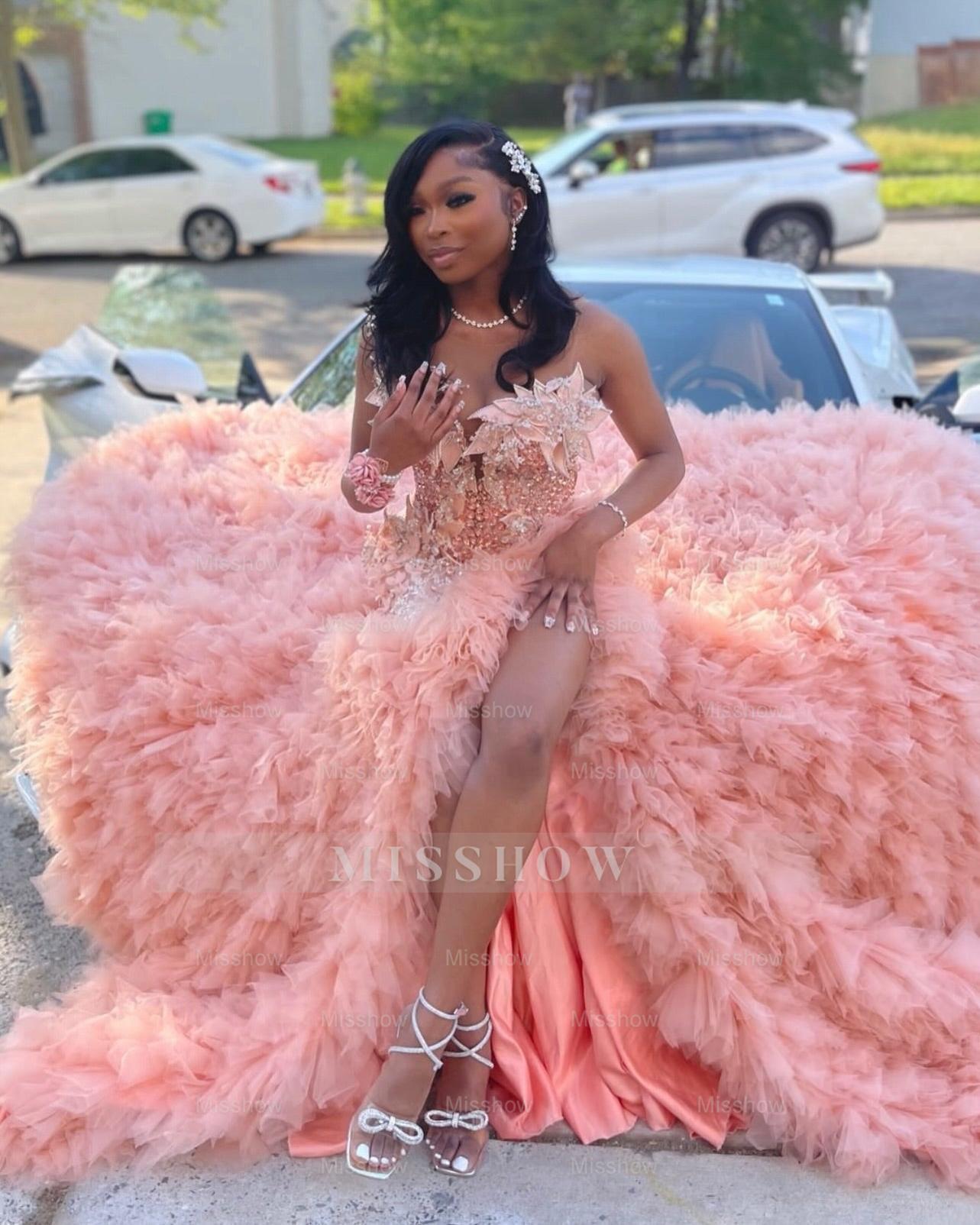 Chic Long Pearl Pink V-Neck Sleeveless Mermaid Prom Dress with Slit and Ruffles