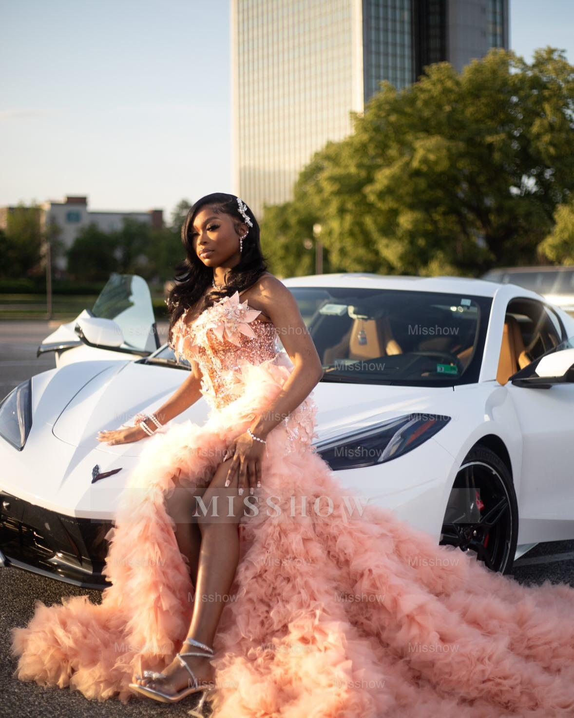 Chic Long Pearl Pink V-Neck Sleeveless Mermaid Prom Dress with Slit and Ruffles
