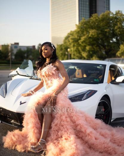 Chic Long Pearl Pink V-Neck Sleeveless Mermaid Prom Dress with Slit and Ruffles