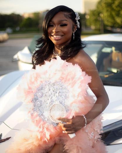 Chic Long Pearl Pink V-Neck Sleeveless Mermaid Prom Dress with Slit and Ruffles