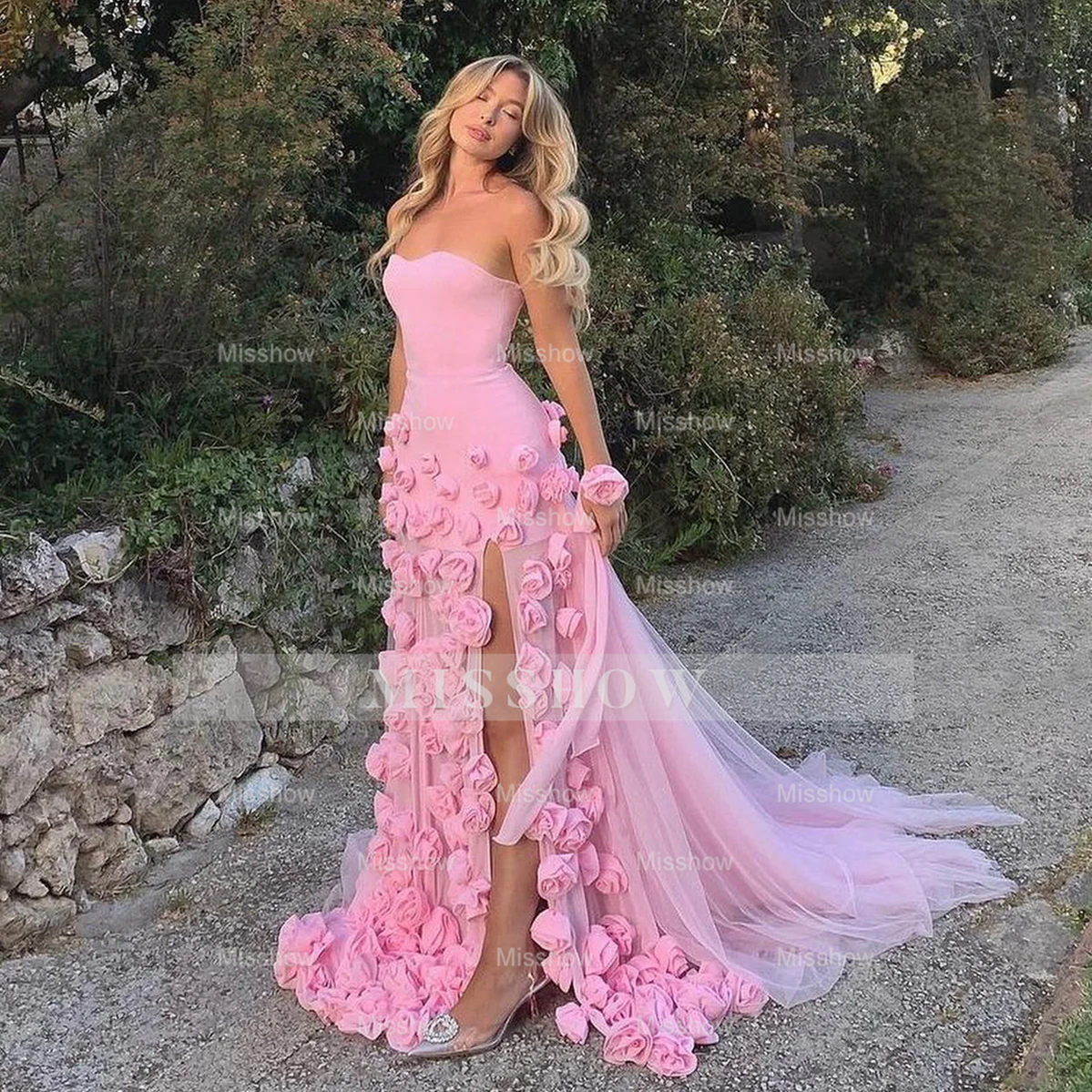 Chic Long Pink 3D Flowers Strapless Mermaid Prom Dress With Side Slit
