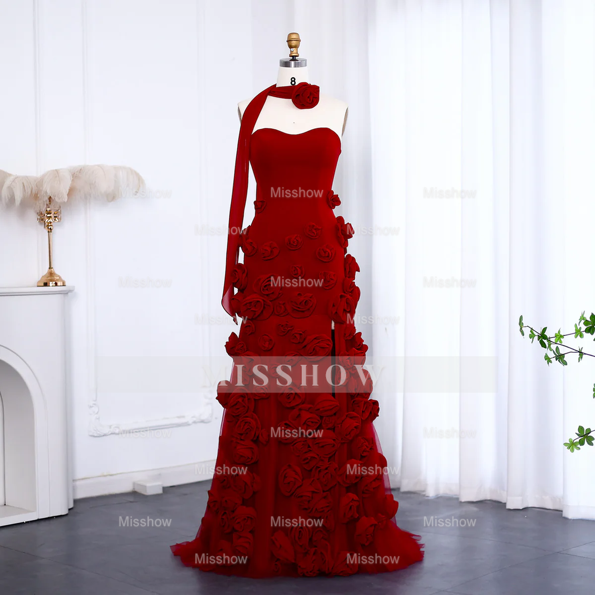 Chic Long Pink 3D Flowers Strapless Mermaid Prom Dress With Side Slit