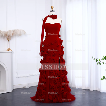 Chic Long Pink 3D Flowers Strapless Mermaid Prom Dress With Side Slit