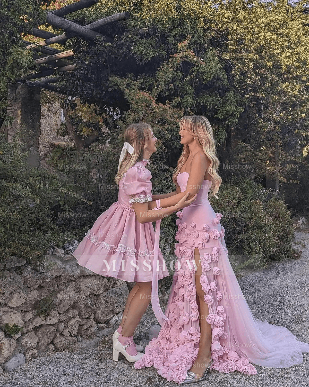 Chic Long Pink 3D Flowers Strapless Mermaid Prom Dress With Side Slit