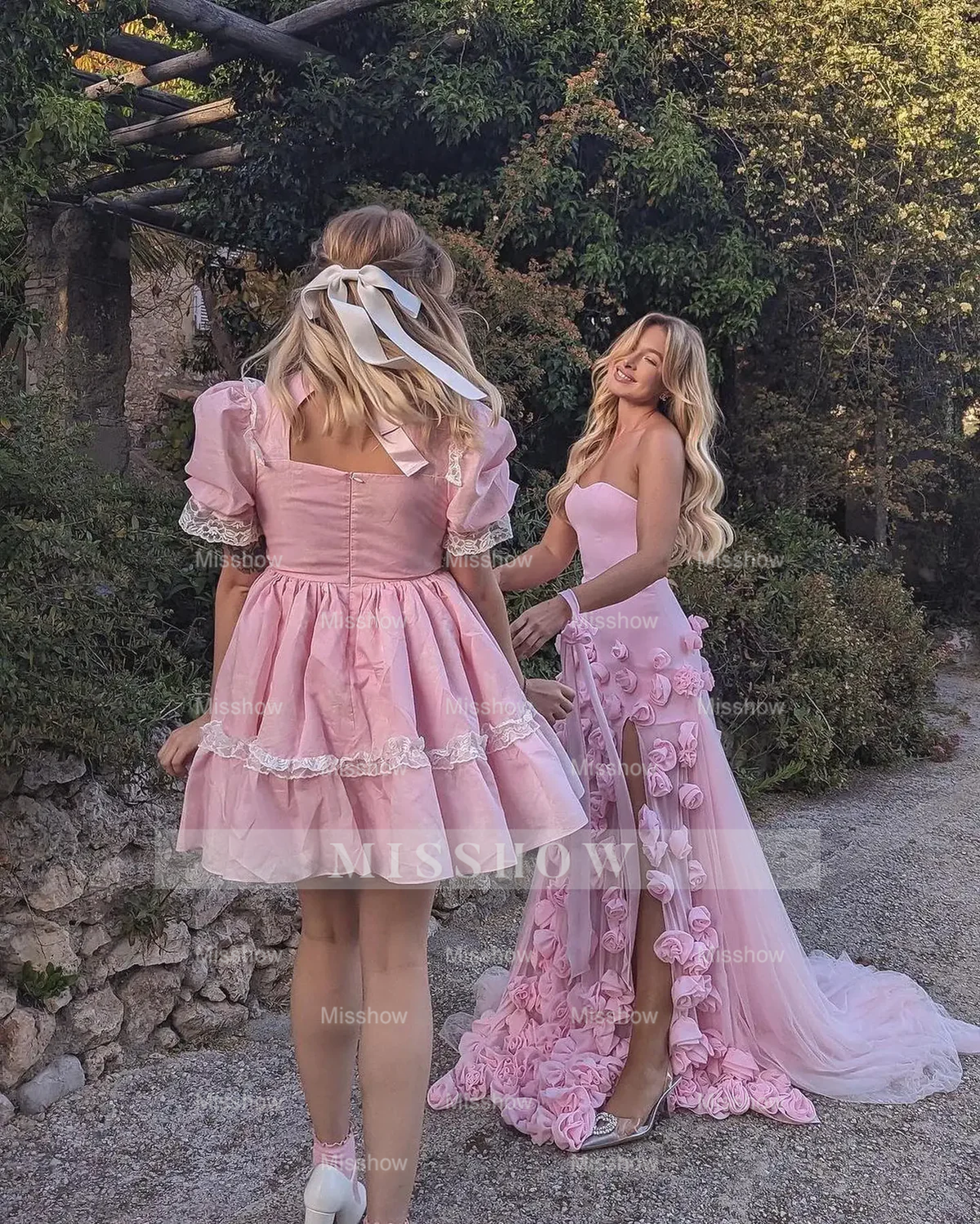 Chic Long Pink 3D Flowers Strapless Mermaid Prom Dress With Side Slit