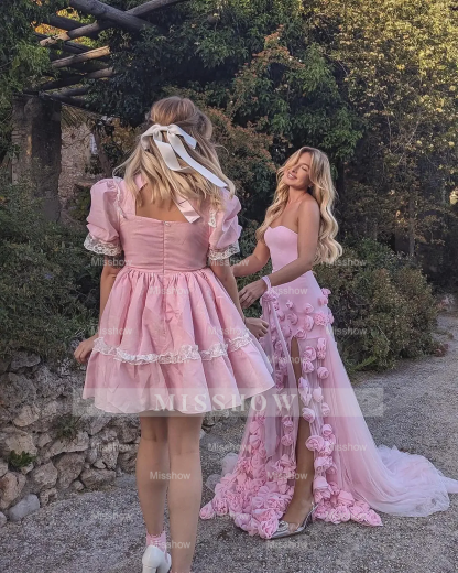 Chic Long Pink 3D Flowers Strapless Mermaid Prom Dress With Side Slit