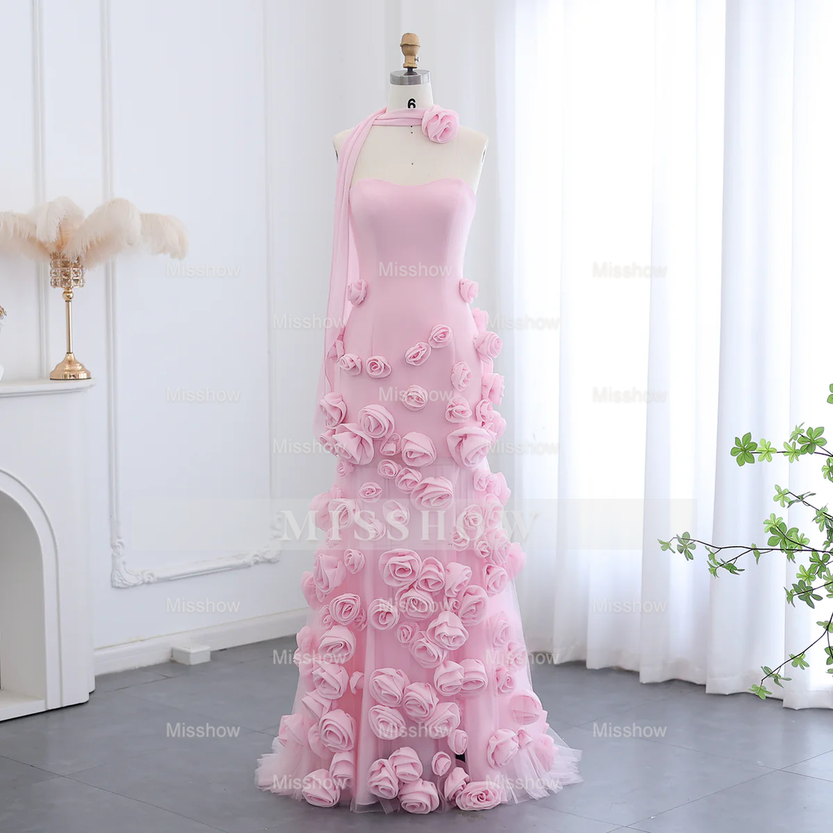 Chic Long Pink 3D Flowers Strapless Mermaid Prom Dress With Side Slit