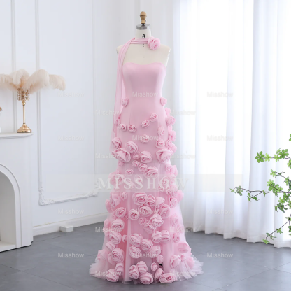 Chic Long Pink 3D Flowers Strapless Mermaid Prom Dress With Side Slit