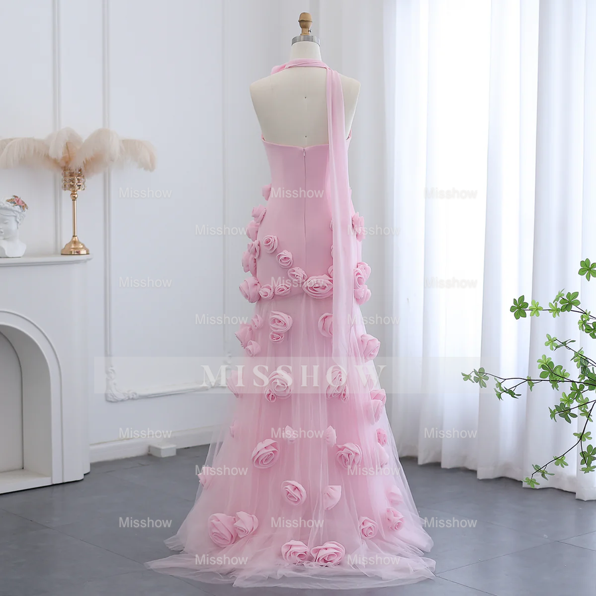 Chic Long Pink 3D Flowers Strapless Mermaid Prom Dress With Side Slit