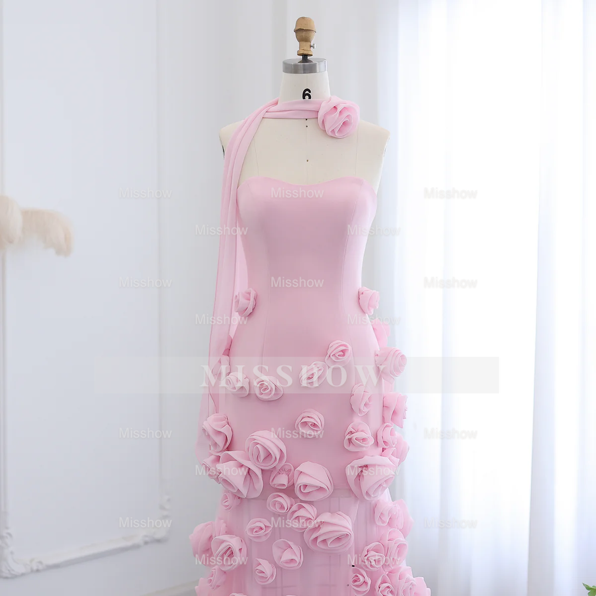 Chic Long Pink 3D Flowers Strapless Mermaid Prom Dress With Side Slit