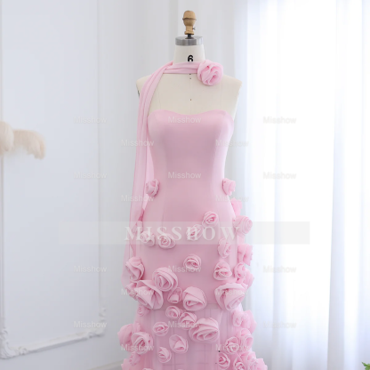 Chic Long Pink 3D Flowers Strapless Mermaid Prom Dress With Side Slit