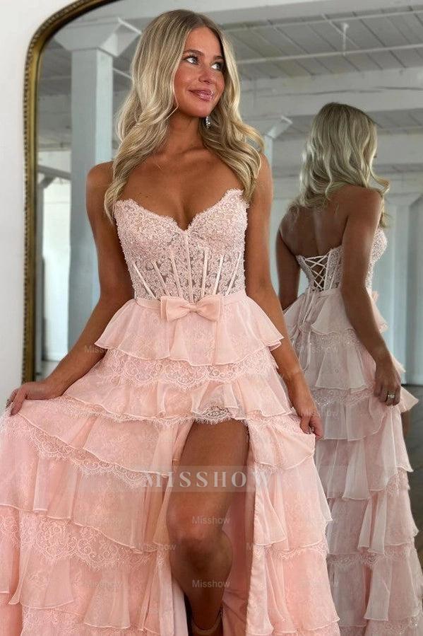 Chic Long Pink Strapless A-line Lace Prom Dress with Slit