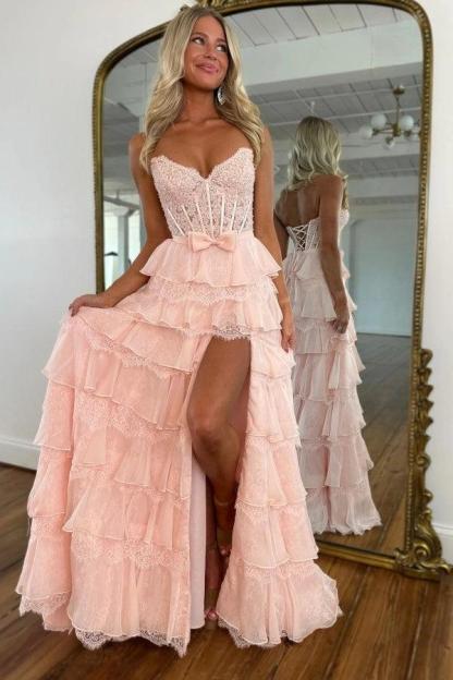 Chic Long Pink Strapless A-line Lace Prom Dress with Slit