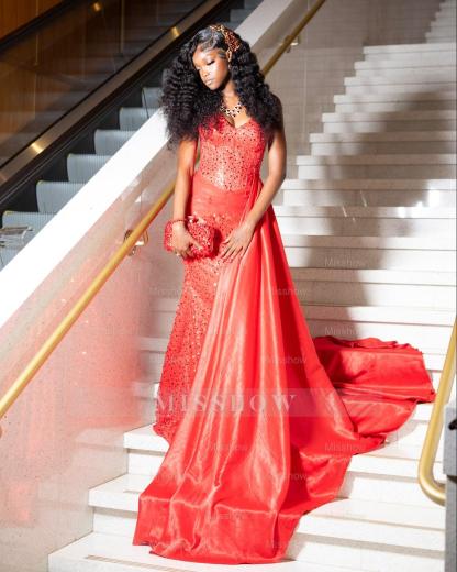 Chic Long Red Sweetheart Sleeveless Mermaid Prom Dress with Rhinestones and Sequins