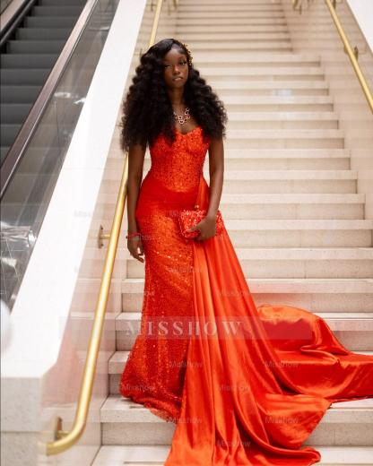Chic Long Red Sweetheart Sleeveless Mermaid Prom Dress with Rhinestones and Sequins