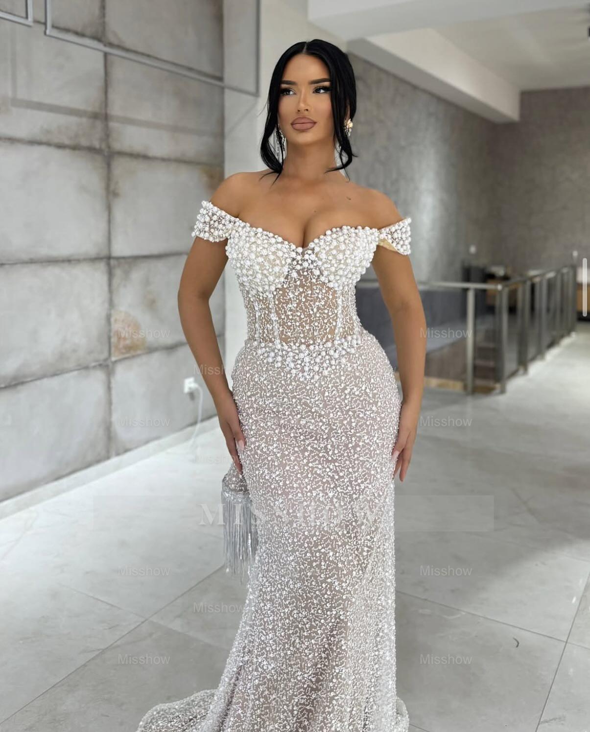 Chic Long White Mermaid Off-The-Shoulder Sleeveless Evening Dress with Beadings