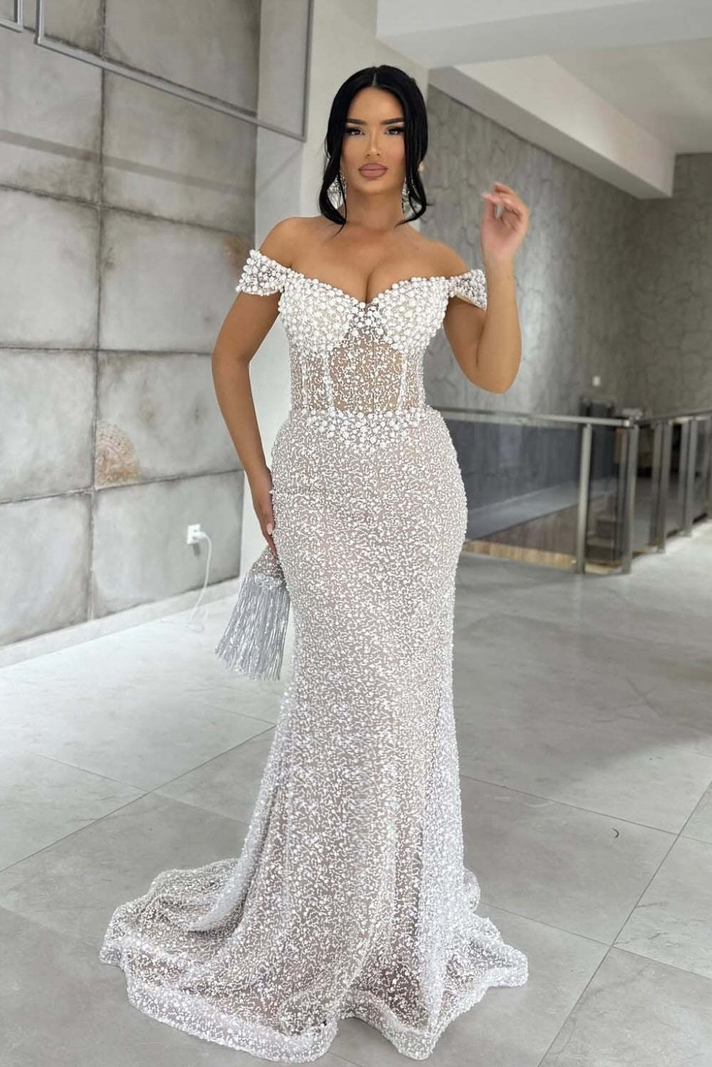 Chic Long White Mermaid Off-The-Shoulder Sleeveless Evening Dress with Beadings