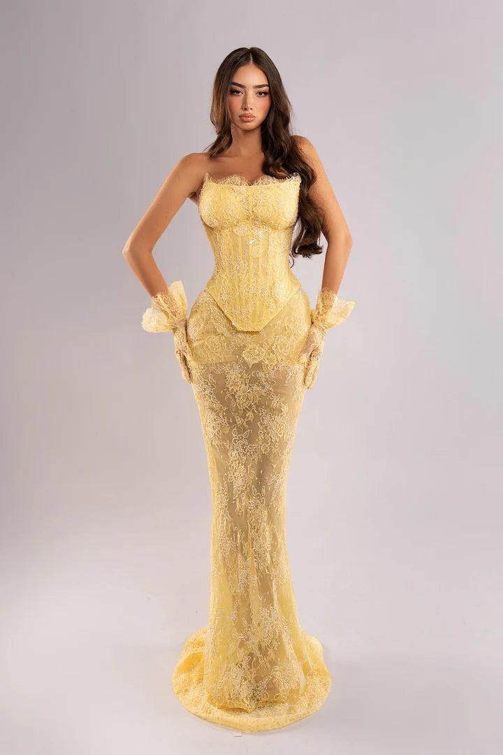 Chic Long Yellow Mermaid Corset Sleeveless Formal Dress with Lace