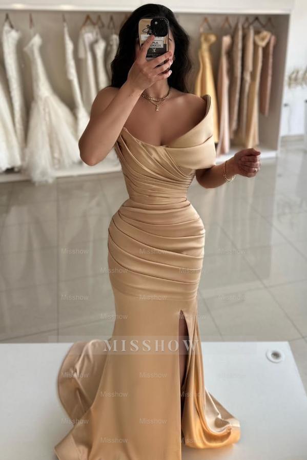 Chic Mermaid Gold Strapless One-Shoulder Sleeveless Front Split Long Simple Satin Evening Dresses with Ruffles