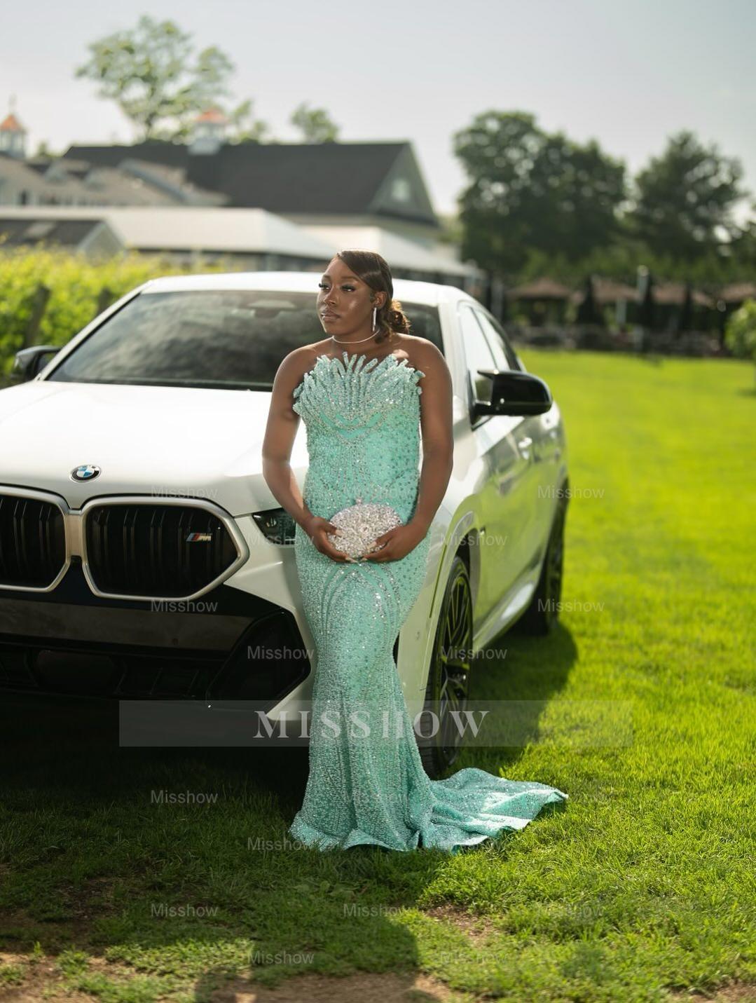 Chic Mint Green Strapless Sleeveless Mermaid Sequined Prom Dress with Rhinestones and Beadings